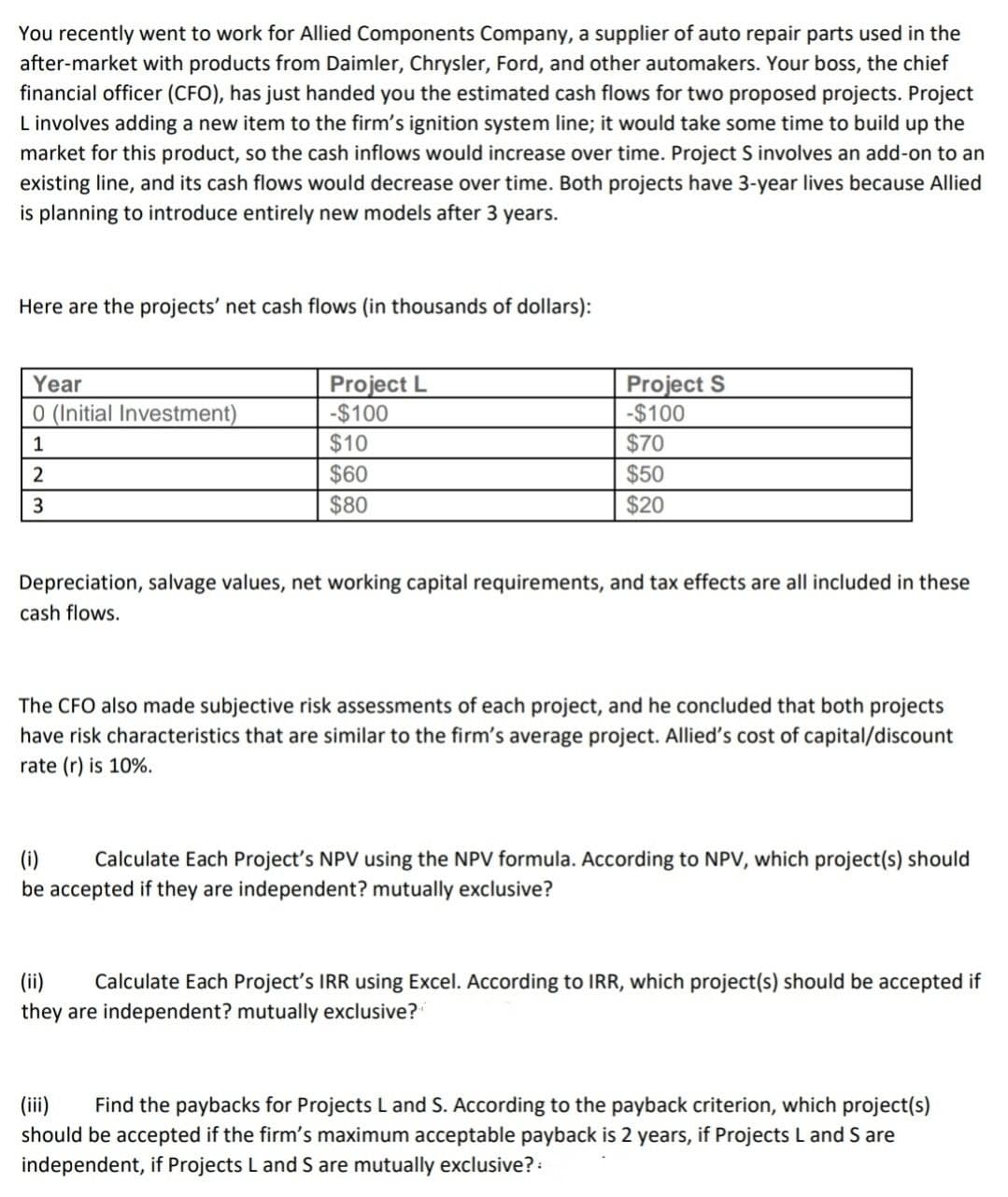 You recently went to work for Allied Components Company, a supplier of auto repair parts used in the
after-market with products from Daimler, Chrysler, Ford, and other automakers. Your boss, the chief
financial officer (CFO), has just handed you the estimated cash flows for two proposed projects. Project
L involves adding a new item to the firm's ignition system line; it would take some time to build up the
market for this product, so the cash inflows would increase over time. Project S involves an add-on to an
existing line, and its cash flows would decrease over time. Both projects have 3-year lives because Allied
is planning to introduce entirely new models after 3 years.
Here are the projects' net cash flows (in thousands of dollars):
Project L
-$100
$10
Project S
-$100
$70
$50
$20
Year
0 (Initial Investment)
1
$60
$80
2
Depreciation, salvage values, net working capital requirements, and tax effects are all included in these
cash flows.
The CFO also made subjective risk assessments of each project, and he concluded that both projects
have risk characteristics that are similar to the firm's average project. Allied's cost of capital/discount
rate (r) is 10%.
(i)
be accepted if they are independent? mutually exclusive?
Calculate Each Project's NPV using the NPV formula. According to NPV, which project(s) should
(ii)
Calculate Each Project's IRR using Excel. According to IRR, which project(s) should be accepted if
they are independent? mutually exclusive?
(iii)
should be accepted if the firm's maximum acceptable payback is 2 years, if Projects L and S are
independent, if Projects L and S are mutually exclusive? :
Find the paybacks for Projects L and S. According to the payback criterion, which project(s)
