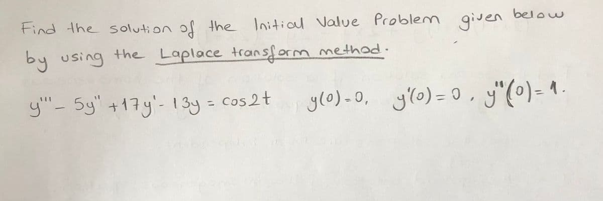 Find the solution of the Initial Value Problem given below
given
by
using the Laplace transform method.
y"- Sy" +17y'- 13y = cos 2t
ylo)-0, yo) = 0, y"(o)= 1
yl0) =D 0, y"(0)= 1.
%3D
|
