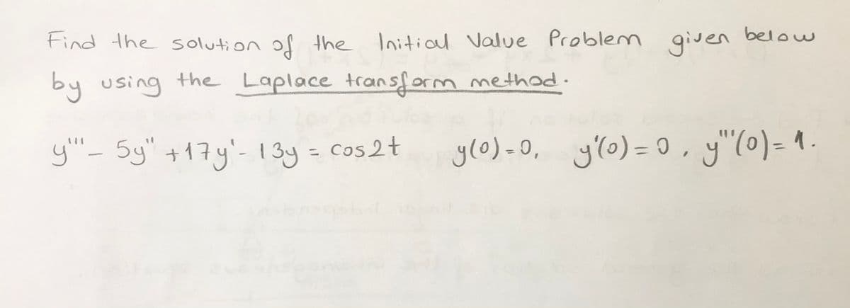 tind the solution of the
Initial Value Problem belouw
given
by using the Laplace transform methed.
y"- Sy" +17y'- 13y = cos2t
ylo) =0,
yl0) = 0, y"(0)= 1.
%3D
%3D
