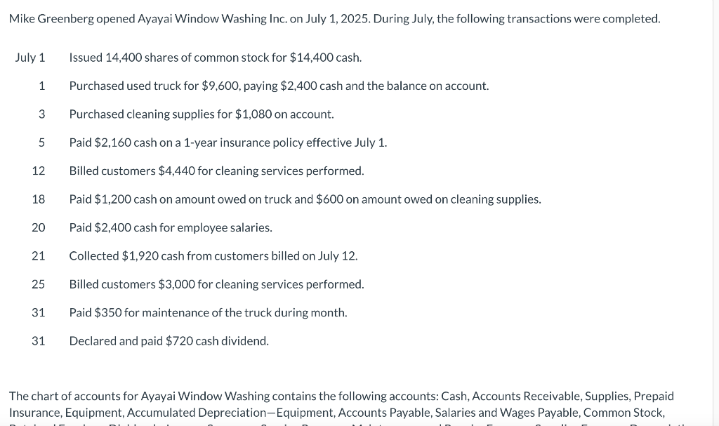 Mike Greenberg opened Ayayai Window Washing Inc. on July 1, 2025. During July, the following transactions were completed.
July 1
1
3
5
12
18
20
21
25
31
31
Issued 14,400 shares of common stock for $14,400 cash.
Purchased used truck for $9,600, paying $2,400 cash and the balance on account.
Purchased cleaning supplies for $1,080 on account.
Paid $2,160 cash on a 1-year insurance policy effective July 1.
Billed customers $4,440 for cleaning services performed.
Paid $1,200 cash on amount owed on truck and $600 on amount owed on cleaning supplies.
Paid $2,400 cash for employee salaries.
Collected $1,920 cash from customers billed on July 12.
Billed customers $3,000 for cleaning services performed.
Paid $350 for maintenance of the truck during month.
Declared and paid $720 cash dividend.
The chart of accounts for Ayayai Window Washing contains the following accounts: Cash, Accounts Receivable, Supplies, Prepaid
Insurance, Equipment, Accumulated Depreciation-Equipment, Accounts Payable, Salaries and Wages Payable, Common Stock,