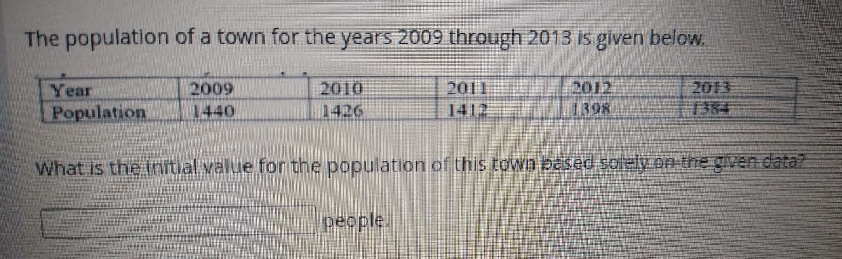 The population of a town for the years 2009 through 2013 is given below.
2012
1398
2013
1384
Year
2009
2010
2011
Population.
1440
1426
1412
What is the initial value for the population of this towo based solely on the given data?
people.
