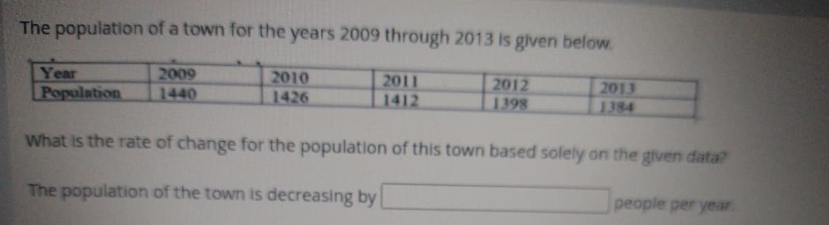 The population of a town for the years 2009 through 2013 is given below.
Year
2009
1440
2010
2011
1412
2012
Population
2013
1384
1426
1398
What is the rate of change for the population of this town based solely on the given data?
The population of the town is decreasing by
people per year.
