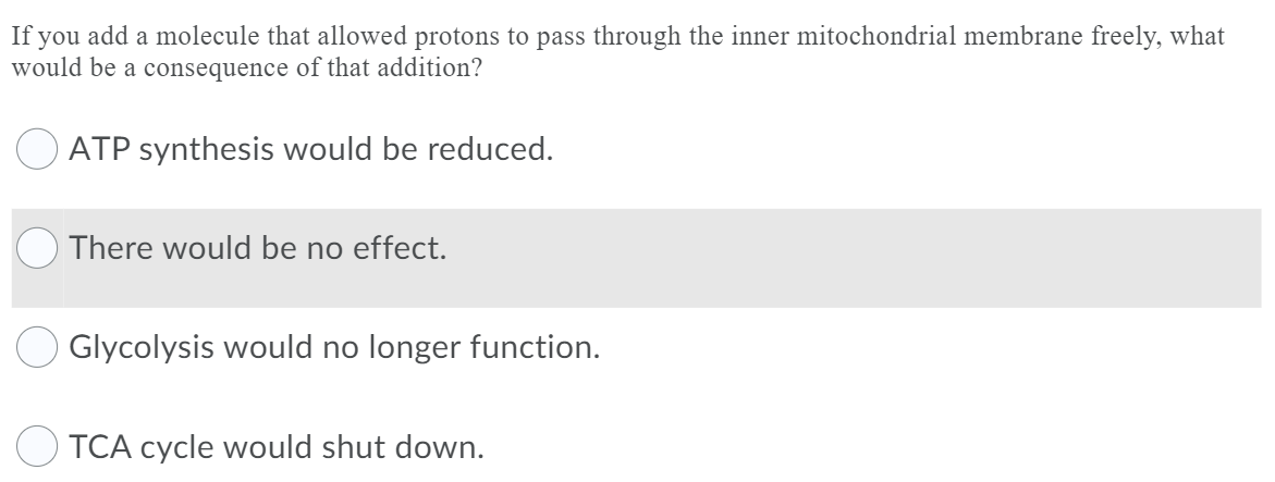 If you add a molecule that allowed protons to pass through the inner mitochondrial membrane freely, what
would be a consequence of that addition?
ATP synthesis would be reduced.
There would be no effect.
Glycolysis would no longer function.
TCA cycle would shut down.
