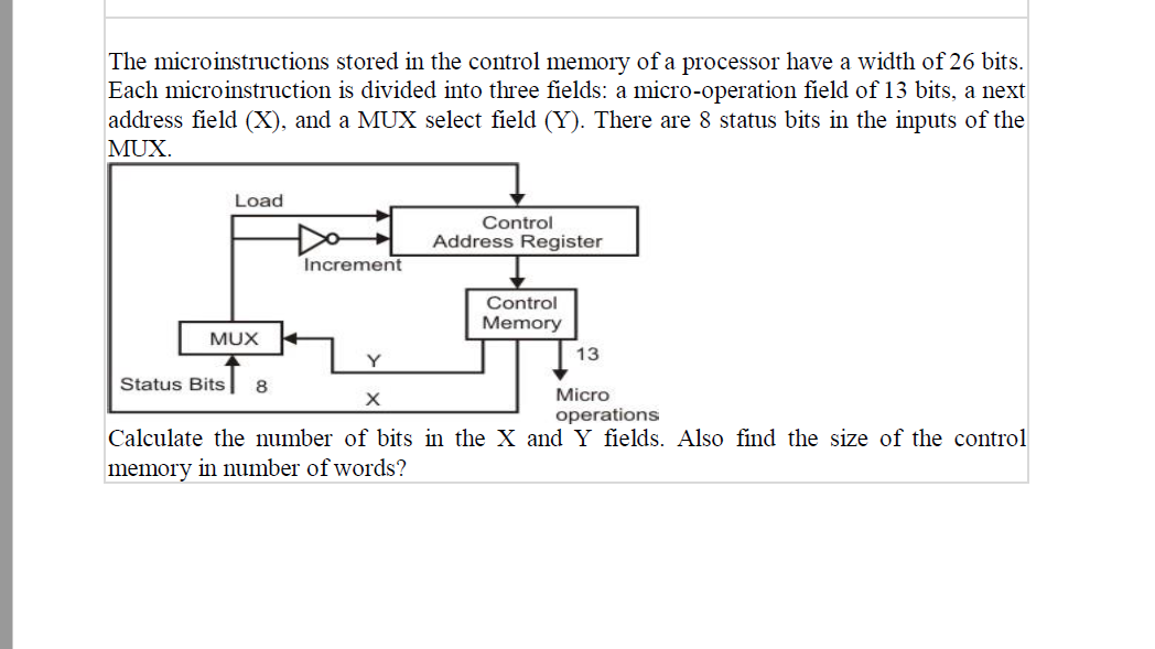 The microinstructions stored in the control memory of a processor have a width of 26 bits.
Each microinstruction is divided into three fields: a micro-operation field of 13 bits, a next
address field (X), and a MUX select field (Y). There are 8 status bits in the inputs of the
MUX.
Load
Control
Address Register
Increment
Control
Memory
MUX
13
Y
Status Bits
8
Micro
operations
Calculate the number of bits in the X and Y fields. Also find the size of the control
memory in number of words?
