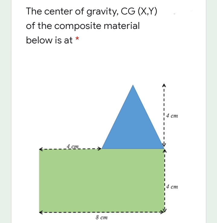 The center of gravity, CG (X,Y)
of the composite material
below is at *
4 ст
4 cm_ - - - >
4 ст
8 ст
