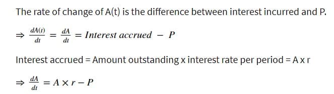 The rate of change of A(t) is the difference between interest incurred and P.
dA(1) dA
= = Interest accrued - P
dt
dt
Interest accrued = Amount outstanding x interest rate per period = Axr
dA=Axr-P
dt