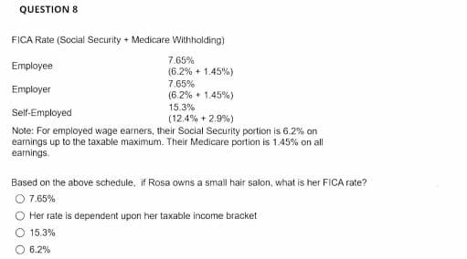 QUESTION 8
FICA Rate (Social Security + Medicare Withholding)
7.65%
(6.2% + 1.45%)
7.65%
(6.2% + 1.45%)
Employee
Employer
15.3%
Self-Employed
(12.4% + 2.9%)
Note: For employed wage earners, their Social Security portion is 6.2% on
earnings up to the taxable maximum. Their Medicare portion is 1.45% on all
earnings.
Based on the above schedule, if Rosa owns a small hair salon, what is her FICA rate?
O 7.65%
O Her rate is dependent upon her taxable income bracket
O 15.3%
O 6.2%
