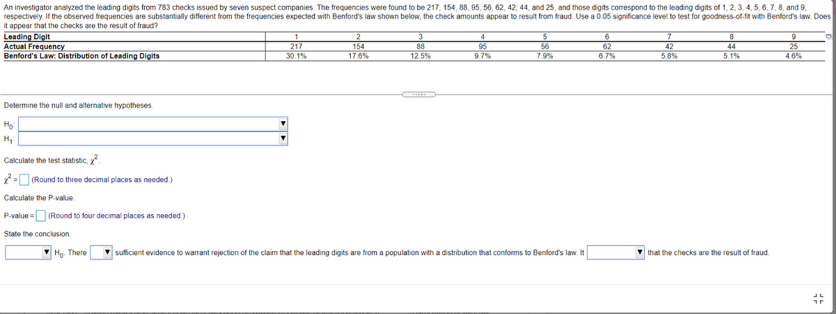 An investigator analyzed the leading digits from 783 checks issued by seven suspect companies. The frequencies were found to be 217, 154, 88, 95, 56, 62, 42, 44, and 25, and those digits correspond to the leading digits of 1, 2, 3, 4, 5, 6, 7, 8, and 9,
respectively. If the observed frequencies are substantially different from the frequencies expected with Benford's law shown below, the check amounts appear to result from fraud. Use a 0.05 significance level to test for goodness-of-fit with Benford's law. Does
it appear that the checks are the result of fraud?
Leading Digit
Actual Frequency
Benford's Law: Distribution of Leading Digits
3
4
6
7
8
9
217
154
88
95
56
62
6.7%
42
44
25
30.1%
17.6%
12.5%
9.7%
7.9%
5.8%
5.1%
4.6%
Determine the null and alternative hypotheses.
Họ
H,:
Calculate the test statistic, .
(Round to three decimal places as needed.)
Calculate the P-value.
P-value =
(Round to four decimal places as needed.)
State the conclusion.
Ho. There
sufficient evidence to warrant rejection of the claim that the leading digits are from a population with a distribution that conforms to Benford's law. It
v that the checks are the result of fraud.
