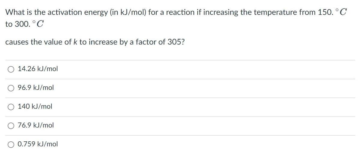 What is the activation energy (in kJ/mol) for a reaction if increasing the temperature from 150. °C
to 300. °C
causes the value of k to increase by a factor of 305?
14.26 kJ/mol
96.9 kJ/mol
140 kJ/mol
76.9 kJ/mol
O 0.759 kJ/mol
