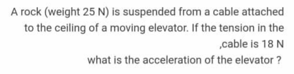 A rock (weight 25 N) is suspended from a cable attached
to the ceiling of a moving elevator. If the tension in the
,cable is 18 N
what is the acceleration of the elevator ?
