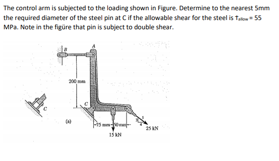 The control arm is subjected to the loading shown in Figure. Determine to the nearest 5mm
the required diameter of the steel pin at C if the allowable shear for the steel is Tallow = 55
MPa. Note in the figüre that pin is subject to double shear.
200 mm
(a)
-75 mm-50 mm
25 kN
15 kN
