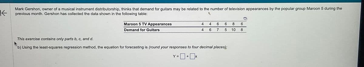 K
Mark Gershon, owner of a musical instrument distributorship, thinks that demand for guitars may be related to the number of television appearances by the popular group Maroon 5 during the
previous month. Gershon has collected the data shown in the following table:
Maroon 5 TV Appearances
Demand for Guitars
4
4
4
6
6
6 6 8
5 10 8
7
This exercise contains only parts b, c, and d.
b) Using the least-squares regression method, the equation for forecasting is (round your responses to four decimal places):
Y=+x