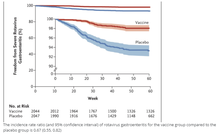 100-
100-
80-
Vaccine
98-
60어
96-
Placebo
94-
40-
92-
90-
20-
10
20
30
40
50
60
10
20
30
40
50
60
Week
No. at Risk
2044
2012
1964
1767
1500
1326
1148
1326
Vaccine
Placebo
2047
1990
1916
1676
1429
662
The incidence rate ratio (and 95% confidence interval) of rotavirus gastroenteritis for the vaccine group compared to the
placebo group is 0.67 (0.55, 0.82)
Freedom from Severe Rotavirus
Gastroenteritis (%)
8-
