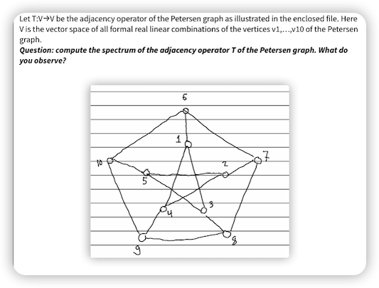 Let T:V→V be the adjacency operator of the Petersen graph as illustrated in the enclosed file. Here
Vis the vector space of all formal real linear combinations of the vertices v1,..,v10 of the Petersen
graph.
Question: compute the spectrum of the adjacency operator Tof the Petersen graph. What do
you observe?
