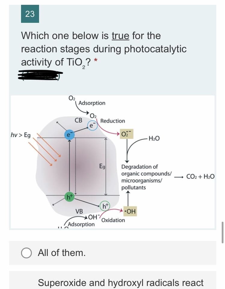 23
Which one below is true for the
reaction stages during photocatalytic
activity of TiO,? *
O2
Adsorption
СВ
Reduction
hv> Eg
H2O
Eg
Degradation of
organic compounds/
microorganisms/
pollutants
CO2 + H2O
ht
VB
•OH
Oxidation
Adsorption
All of them.
Superoxide and hydroxyl radicals react
