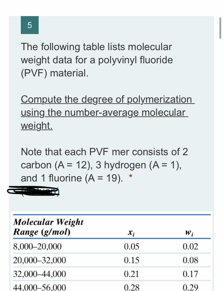The following table lists molecular
weight data for a polyvinyl fluoride
(PVF) material.
Compute the degree of polymerization
using the number-average molecular
weight.
Note that each PVF mer consists of 2
carbon (A = 12), 3 hydrogen (A = 1),
and 1 fluorine (A = 19).
%3D
Molecular Weight
Range (g/mol)
W;
8,000–20,000
0.05
0.02
20,000–32,000
0.15
0.08
32,000-44,000
0.21
0.17
44.000–56.000
0.28
0.29
