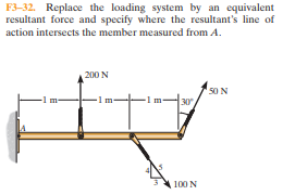 F3-32. Replace the loading system by an equivalent
resultant force and specify where the resultant's line of
action intersects the member measured from A.
200 N
50 N
30
-1 m-
-1 m-
100 N
