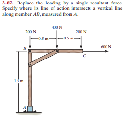 3-87. Replace the loading by a single resultant force.
Specify where its line of action intersects a vertical line
along member AB, measured from A.
400 N
200 N
200 N
0.5 m
-0.5 m-
600 N
15m
