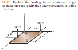 F3-35. Replace the loading by an equivalent single
resultant force and specify the x and y coordinates of its line
of action.
400 N
100 N
4 m-
500 N
