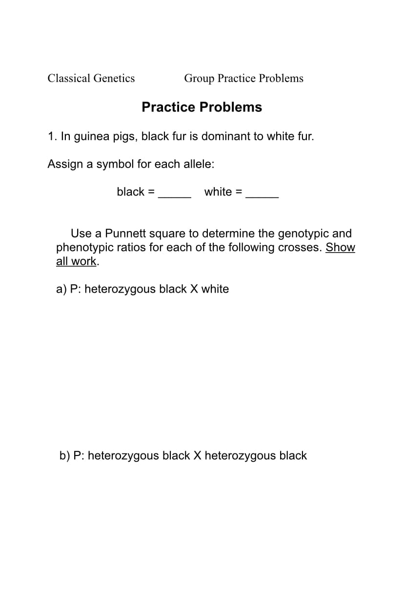 Classical Genetics
Group Practice Problems
Practice Problems
1. In guinea pigs, black fur is dominant to white fur.
Assign a symbol for each allele:
black =
white =
Use a Punnett square to determine the genotypic and
phenotypic ratios for each of the following crosses. Show
all work.
a) P: heterozygous black X white
b) P: heterozygous black X heterozygous black
