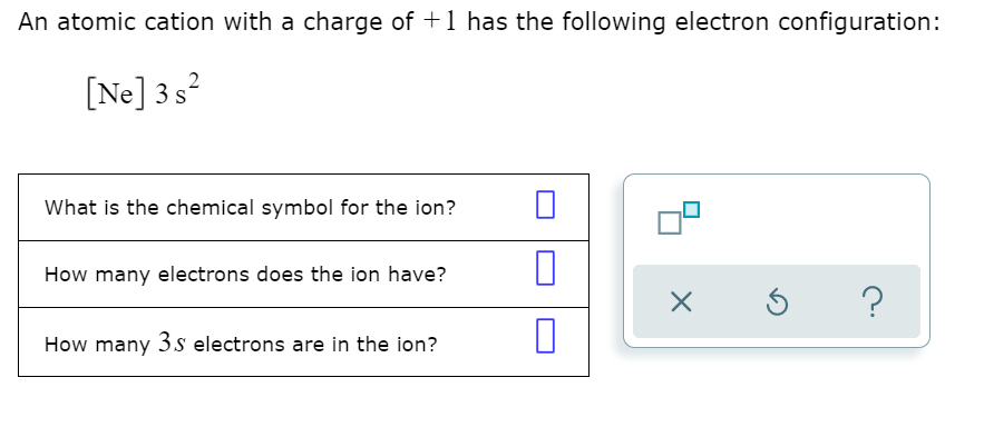 An atomic cation with a charge of +1 has the following electron configuration:
[Ne] 3s?
What is the chemical symbol for the ion?
How many electrons does the ion have?
How many 3s electrons are in the ion?
