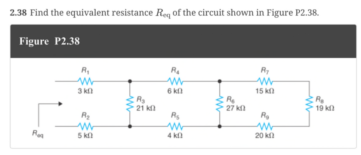 2.38 Find the equivalent resistance Req of the circuit shown in Figure P2.38.
Figure P2.38
Reg
R₁
ww
3 ΚΩ
R₂
5 ΚΩ
R3
21 ΚΩ
R₁
6 ΚΩ
R₁
www
4 ΚΩ
R6
27 ΚΩ
R7
15 ΚΩ
Rg
20 ΚΩ
R8
19 ΚΩ