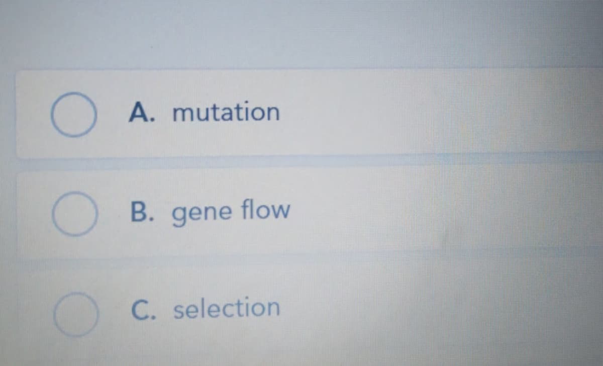 A. mutation
B. gene flow
C. selection
