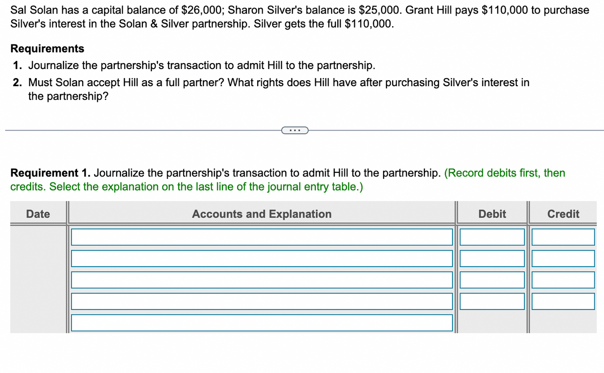 Sal Solan has a capital balance of $26,000; Sharon Silver's balance is $25,000. Grant Hill pays $110,000 to purchase
Silver's interest in the Solan & Silver partnership. Silver gets the full $110,000.
Requirements
1. Journalize the partnership's transaction to admit Hill to the partnership.
2. Must Solan accept Hill as a full partner? What rights does Hill have after purchasing Silver's interest in
the partnership?
Requirement 1. Journalize the partnership's transaction to admit Hill to the partnership. (Record debits first, then
credits. Select the explanation on the last line of the journal entry table.)
Date
Accounts and Explanation
Debit
Credit
