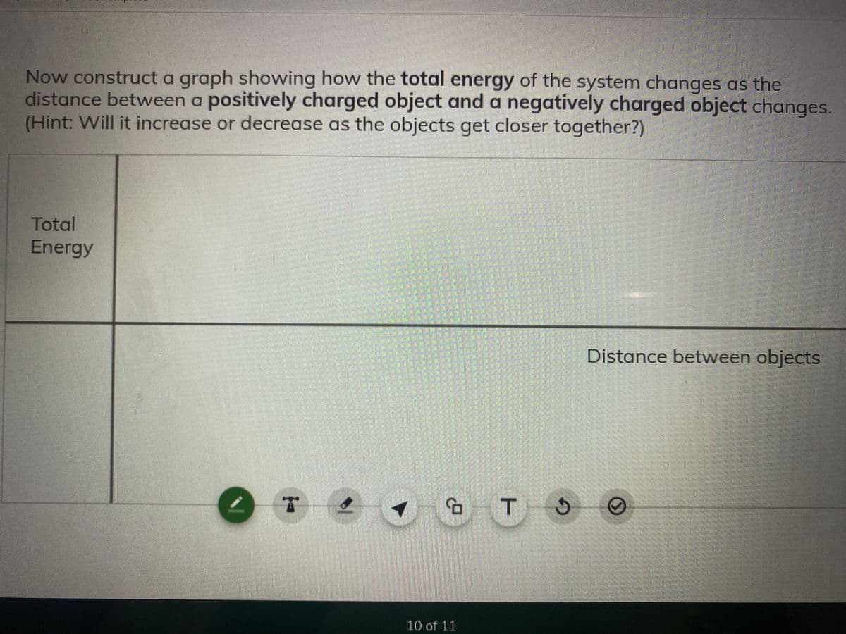 Now construct a graph showing how the total energy of the system changes as the
distance between a positively charged object and a negatively charged object changes.
(Hint: Will it increase or decrease as the objects get closer together?)
Total
Energy
Distance between objects
10 of 11
