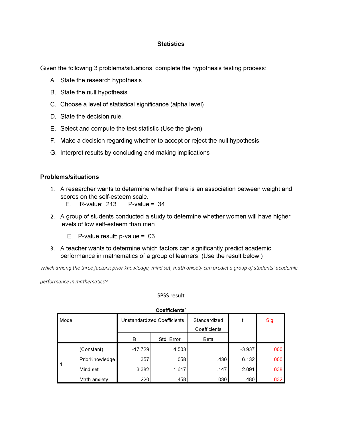 Statistics
Given the following 3 problems/situations, complete the hypothesis testing process:
A. State the research hypothesis
B. State the null hypothesis
C. Choose a level of statistical significance (alpha level)
D. State the decision rule.
E. Select and compute the test statistic (Use the given)
F. Make a decision regarding whether to accept or reject the null hypothesis.
G. Interpret results by concluding and making implications
Problems/situations
1. A researcher wants to determine whether there is an association between weight and
scores on the self-esteem scale.
Е.
R-value: .213
P-value = .34
2. A group of students conducted a study to determine whether women will have higher
levels of low self-esteem than men.
E. P-value result: p-value = .03
3. A teacher wants to determine which factors can significantly predict academic
performance in mathematics of a group of learners. (Use the result below:)
Which among the three factors: prior knowledge, mind set, math anxiety can predict a group of students' academic
performance in mathematics?
SPSS result
Coefficientsa
Model
Unstandardized Coefficients
Standardized
Sig.
Coefficients
В
Std. Error
Beta
(Constant)
-17.729
4.503
-3.937
.000
PriorKnowledge
.357
.058
.430
6.132
.000
1
Mind set
3.382
1.617
.147
2.091
.038
Math anxiety
-.220
.458
-030
-480
.632
