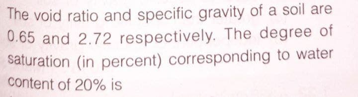 The void ratio and specific gravity of a soil are
0.65 and 2.72 respectively. The degree of
saturation (in percent) corresponding to water
content of 20% is