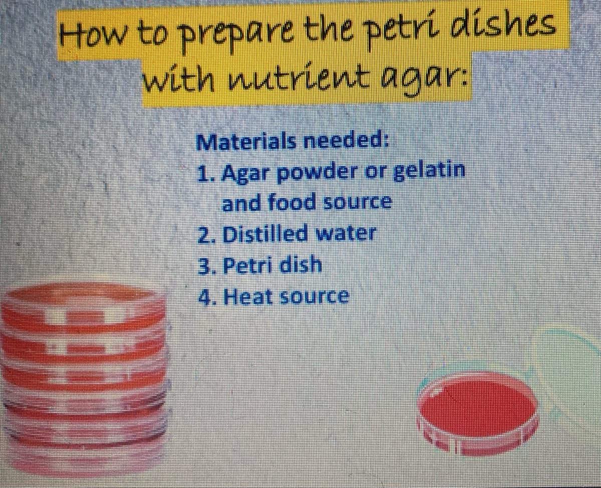 How to prepare the petri dishes
with nutrient agar:
Materials needed:
1. Agar powder or gelatin
and food source
2. Distilled water
3. Petri dish
4. Heat source
