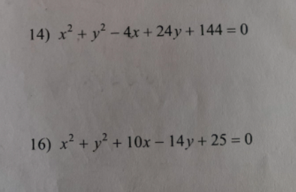 14) x² + y² - 4x + 24y + 144 = 0
16) x² + y² + 10x - 14y+ 25 = 0