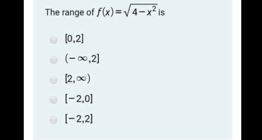 The range of f(x)=/4-x² is
O [0,2]
(-0,2)
[2,00)
O [-2,0]
e [-2,2]
