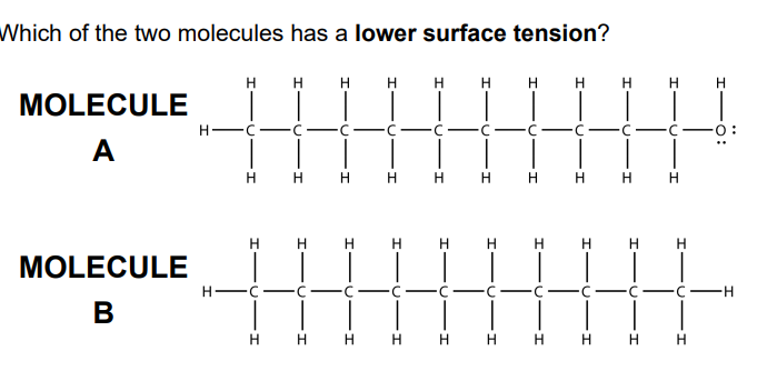 Which of the two molecules has a lower surface tension?
H
H
H
H
H
H H
H
H
MOLECULE
H-
С —
0:
А
H.
H
H
H
H
H.
H.
н н
H.
MOLECULE
H
B
H.
