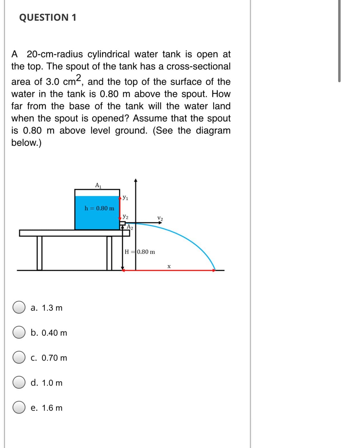 QUESTION 1
A 20-cm-radius cylindrical water tank is open at
the top. The spout of the tank has a cross-sectional
area of 3.0 cm2, and the top of the surface of the
water in the tank is 0.80 m above the spout. How
far from the base of the tank will the water land
when the spout is opened? Assume that the spout
is 0.80 m above level ground. (See the diagram
below.)
A1
h = 0.80 m
V2
A2
H =0.80 m
а. 1.3 m
b. 0.40 m
C. 0.70 m
d. 1.0 m
е. 1.6 m
