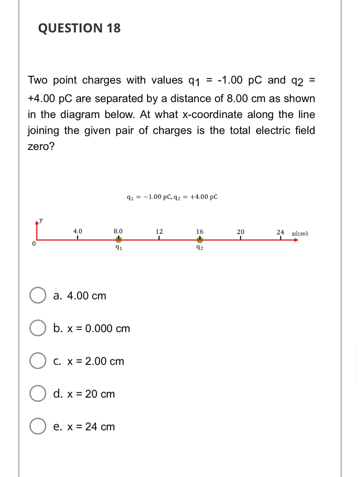 QUESTION 18
Two point charges with values q1 = -1.00 pC and q2 =
+4.00 pC are separated by a distance of 8.00 cm as shown
in the diagram below. At what x-coordinate along the line
joining the given pair of charges is the total electric field
zero?
91%3 —1.00 рС, 92
+4.00 pC
4.0
8.0
12
16
20
24 x(cm)
91
92
а. 4.00 cm
b. x = 0.000 cm
C. x = 2.00 cm
d. x = 20 cm
е. х %3D 24 ст
