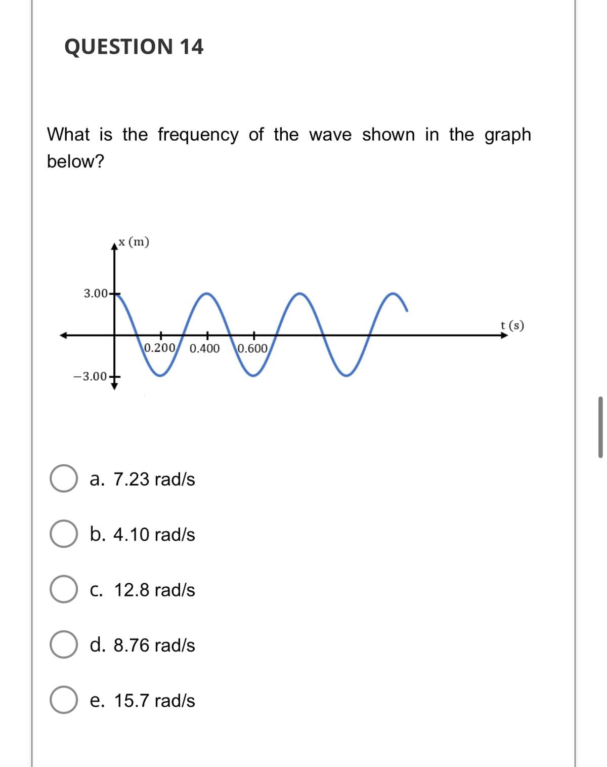 QUESTION 14
What is the frequency of the wave shown in the graph
below?
(ш) х\
3.00+
t (s)
0.200
0.400
0.600
-3.00
а. 7.23 rad/s
b. 4.10 rad/s
C. 12.8 rad/s
d. 8.76 rad/s
е. 15.7rad/s
