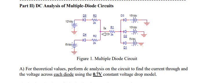 Part II) DC Analysis of Multiple-Diode Circuits
D5
R3
D3
15Vdc
12Vdo
2k
Ix R1
10Vdo
3k
R2
D2
5Vdo
D1
Figure 1. Multiple Diode Circuit
A) For theoretical values, perform de analysis on the circuit to find the current through and
the voltage across each diode using the 0.7V constant voltage drop model.
