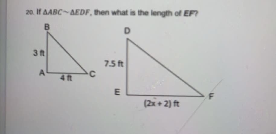 20. If AABC-AEDF, then what is the length of EF?
3 ft
7.5 ft
A
C
4 ft
E
(2x + 2) ft
