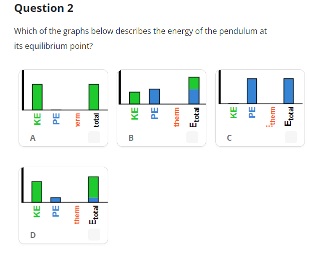 Question 2
Which of the graphs below describes the energy of the pendulum at
its equilibrium point?
A
B
KE
PE
therm
Etotal
total
KE
PE
therm
Etotal
KE
PE
therm
Etotal
