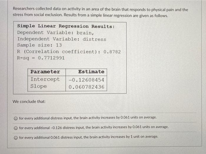 Researchers collected data on activity in an area of the brain that responds to physical pain and the
stress from social exclusion. Results from a simple linear regression are given as follows.
Simple Linear Regression Results:
Dependent Variable: brain,
Independent Variable: distress
Sample size: 13
R (Correlation coefficient): 0.8782
R-sq
0.7712991
%3!
Parameter
Estimate
Intercept
Slope
-0.12608454
0.060782436
We conclude that:
for every additional distress input, the brain activity increases by 0.061 units on average.
for every additional -0.126 distress input, the brain activity increases by 0.061 units on average.
for every additional 0.061 distress input, the brain activity increases by 1 unit on average.
