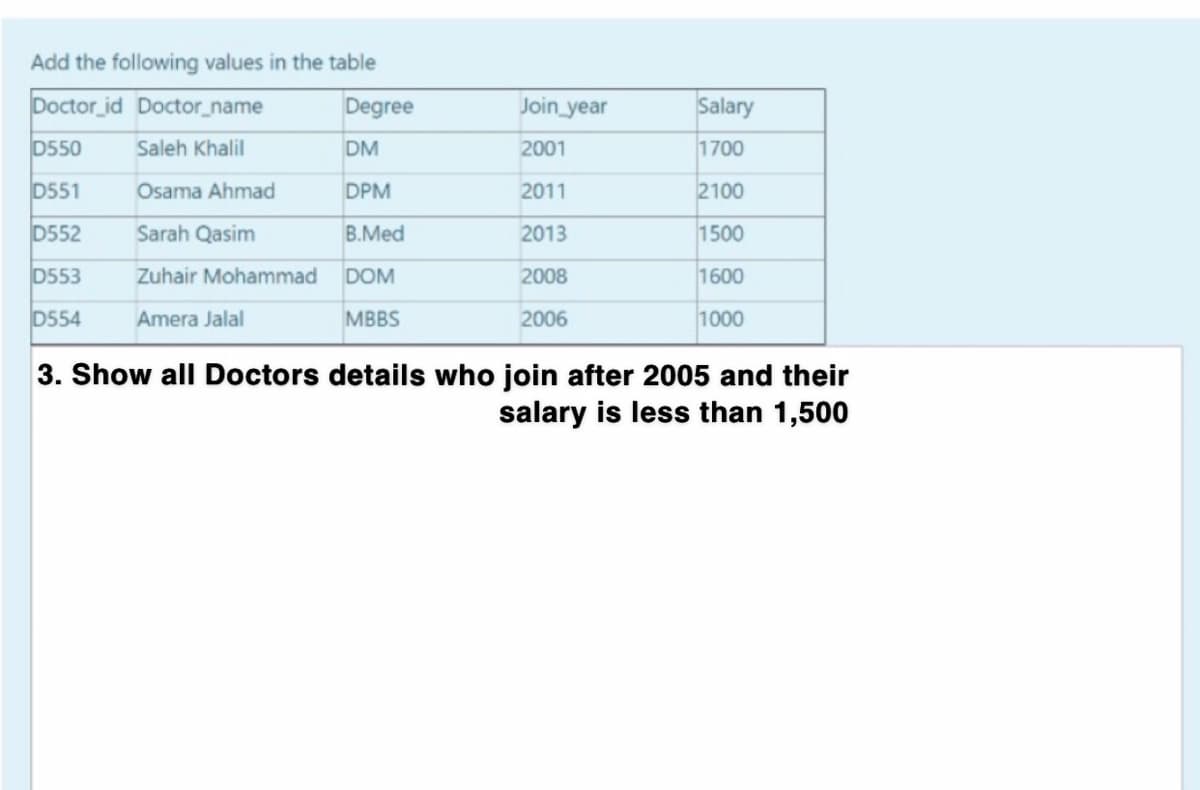 Add the following values in the table
Doctor id Doctor_name
Degree
Join_year
Salary
D550
Saleh Khalil
DM
2001
1700
D551
Osama Ahmad
DPM
2011
2100
D552
Sarah Qasim
B.Med
2013
1500
D553
Zuhair Mohammad
DOM
2008
1600
D554
Amera Jalal
MBBS
2006
1000
3. Show all Doctors details who join after 2005 and their
salary is less than 1,500

