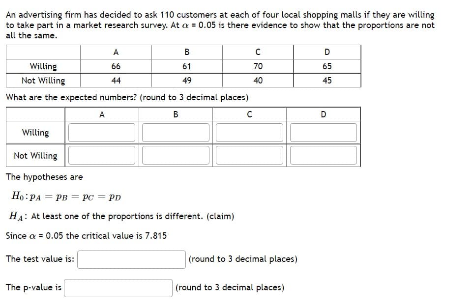 An advertising firm has decided to ask 110 customers at each of four local shopping malls if they are willing
to take part in a market research survey. At a = 0.05 is there evidence to show that the proportions are not
all the same.
Willing
Willing
Not Willing
What are the expected numbers? (round to 3 decimal places)
B
The test value is:
A
66
44
A
The p-value is
B
61
49
Not Willing
The hypotheses are
Ho: PA PB = Pc = PD
HA: At least one of the proportions is different. (claim)
Since a = 0.05 the critical value is 7.815
с
C
70
40
(round to 3 decimal places)
(round to 3 decimal places)
D
65
45
D