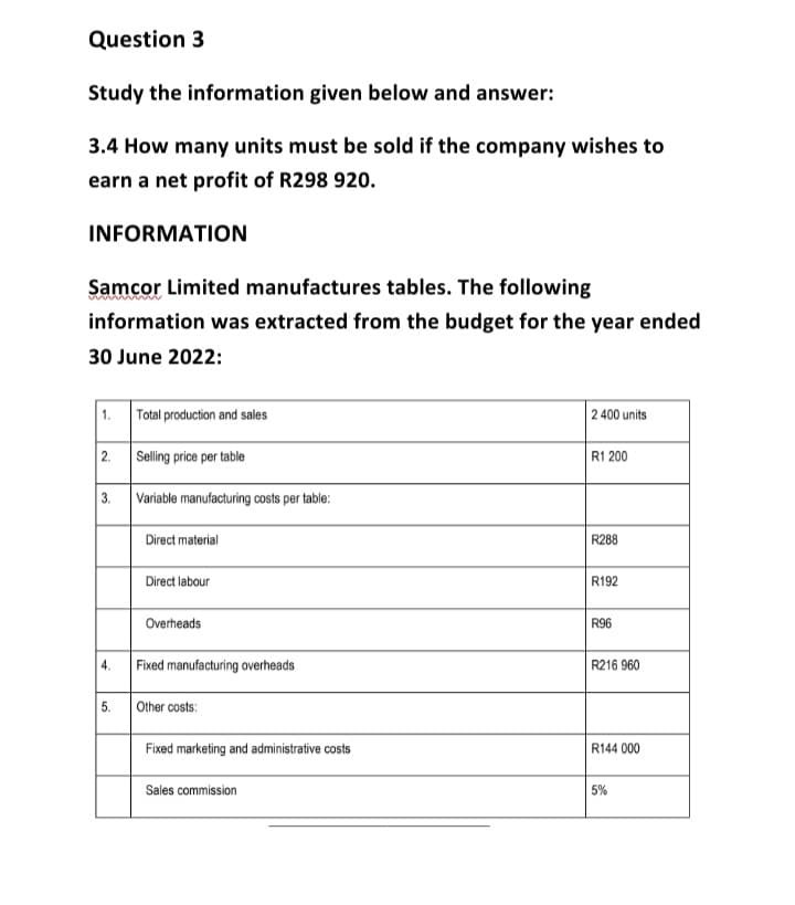 Question 3
Study the information given below and answer:
3.4 How many units must be sold if the company wishes to
earn a net profit of R298 920.
INFORMATION
Samcor Limited manufactures tables. The following
information was extracted from the budget for the year ended
30 June 2022:
1. Total production and sales
2.
3.
4.
5.
Selling price per table
Variable manufacturing costs per table:
Direct material
Direct labour
Overheads
Fixed manufacturing overheads
Other costs:
Fixed marketing and administrative costs
Sales commission
2 400 units
R1 200
R288
R192
R96
R216 960
R144 000
5%