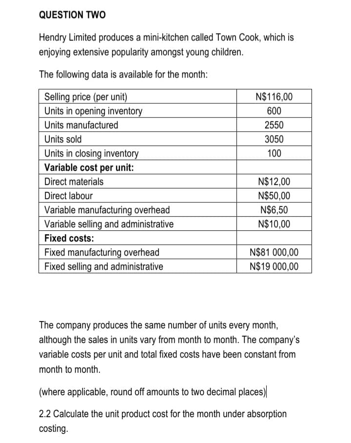QUESTION TWo
Hendry Limited produces a mini-kitchen called Town Cook, which is
enjoying extensive popularity amongst young children.
The following data is available for the month:
Selling price (per unit)
Units in opening inventory
N$116,00
600
Units manufactured
2550
Units sold
3050
Units in closing inventory
Variable cost per unit:
100
Direct materials
N$12,00
N$50,00
N$6,50
Direct labour
Variable manufacturing overhead
Variable selling and administrative
N$10,00
Fixed costs:
N$81 000,00
Fixed manufacturing overhead
Fixed selling and administrative
N$19 000,00
The company produces the same number of units every month,
although the sales in units vary from month to month. The company's
variable costs per unit and total fixed costs have been constant from
month to month.
(where applicable, round off amounts to two decimal places)
2.2 Calculate the unit product cost for the month under absorption
costing.
