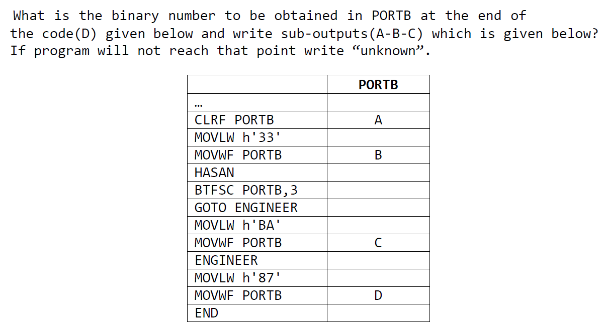 What is the binary number to be obtained in PORTB at the end of
the code (D) given below and write sub-outputs(A-B-C) which is given below?
If program will not reach that point write “unknown".
PORTB
...
CLRF PORTB
A
MOVLW h'33'
MOVWE PORTB
В
HASAN
BTFSC PORTB,3
GOTO ENGINEER
MOVLW h'BA'
MOVWE PORTB
ENGINEER
MOVLW h'87'
MOVWE PORTB
END
