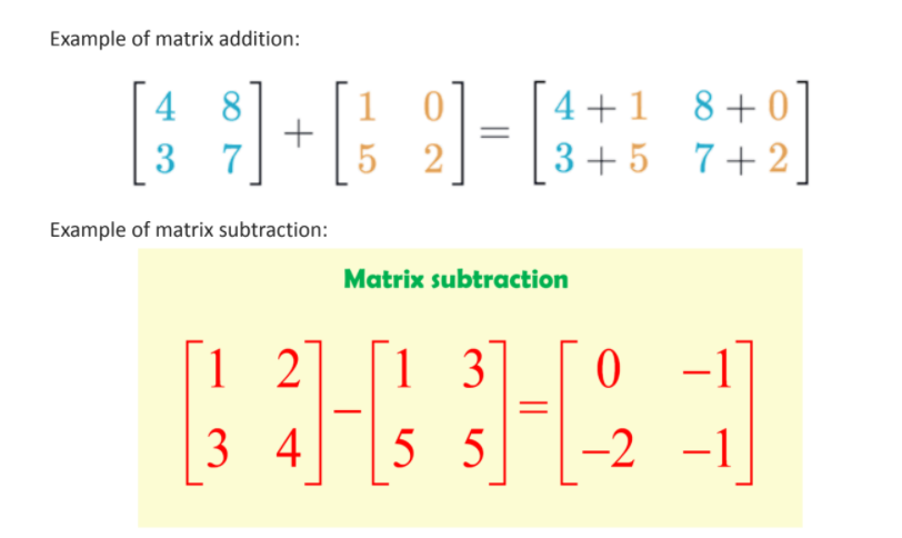 Example of matrix addition:
4 8
1
4+1
8+ 0
3 7
3+ 5 7+2
Example of matrix subtraction:
Matrix subtraction
1 2
1
3]
–1
[3 4] s_s]¯l-2 -i|
5

