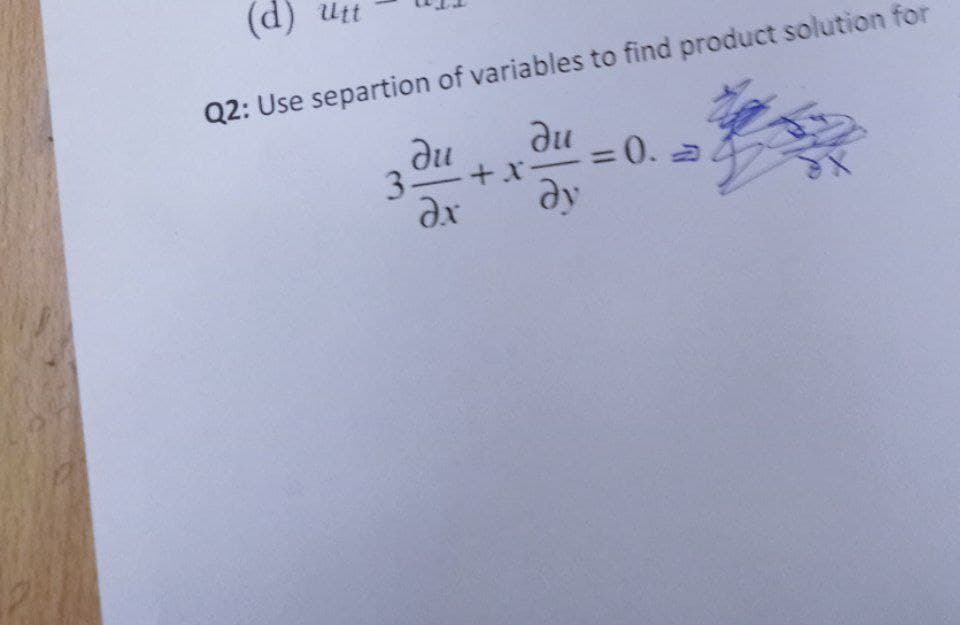 (d) Utt
Q2: Use separtion of variables to find product solution for
du
%3D0.0
3 -+x-
dy
ди
ax
