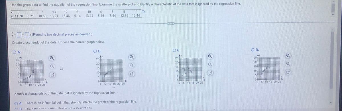 Use the given data to find the equation of the regression line. Examine the scatterplot and identify a characteristic of the data that is ignored by the regression line,
13
11
3
3.21
12
6
10
4
9.
y 11.70
10.55 13.21
13.46
9.14
13.14
5.46
7.44
12.55 13.44
=D+x (Round to two decimal places as needed.)
Create a scatterplot of the data. Choose the correct graph below.
O A.
O B.
OC.
O D.
AY
25-
25
25-
25
20-
20-
20-
20-
15-
15-
15
155
10
10-
105
105
5-
5-
0 5 10 15 20 25
5 10 15 20 25
05 10 15 20 25
0 5 10 15 20 25
Identify a characteristic of the data that is ignored by the regression line.
O A. There is an influential point that strongly affects the graph of the regression line.
The data hac a nattern that ic not a ctraiaht line
